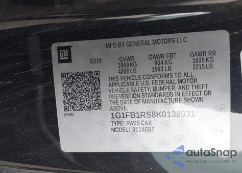 2019 Chevrolet Camaro 1Lt z USA, uszkodzony, nr VIN 1G1FB1RS8K0138931